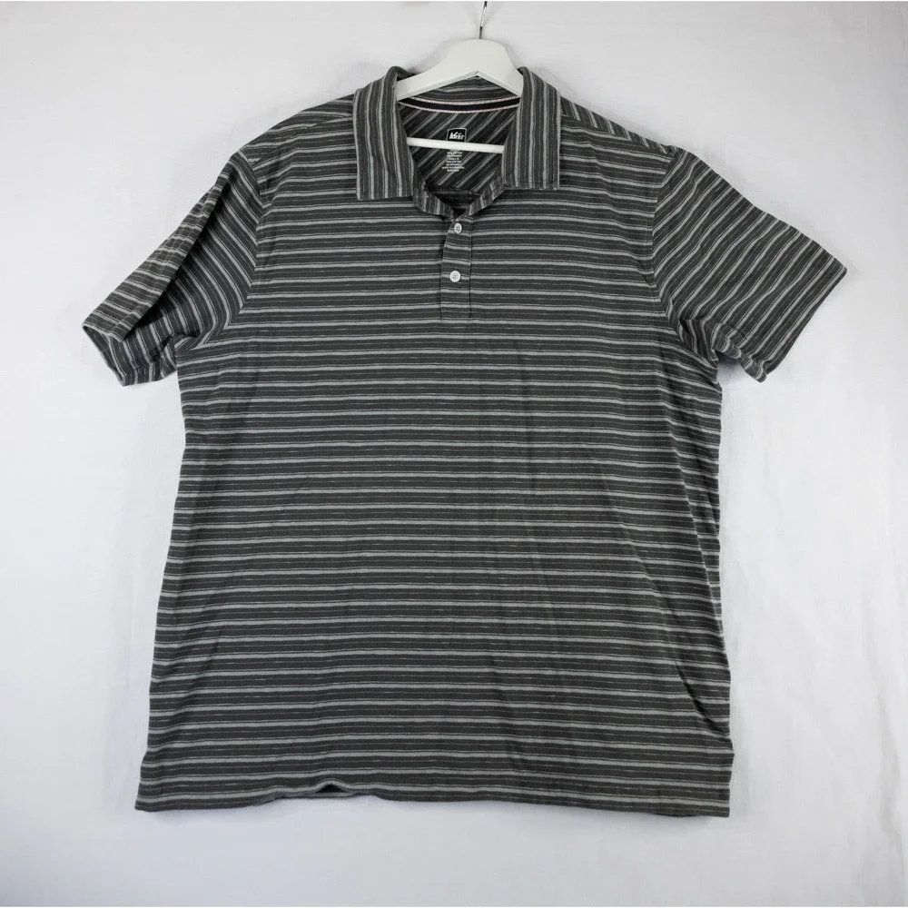REI Polo Shirt Mens XL Grey Excellent Striped Short Sleeve Cotton Blend Stretch